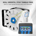 50 FT Retractable Extension Cord Reel, Heavy Duty 12AWG/3C SJTOW Power Cord, Lighted Triple Tap, 15A Circuit Breaker, Wall/Ceiling Mount Electric Cord Reel for Garage & Workshop, ETL Listed, Blue