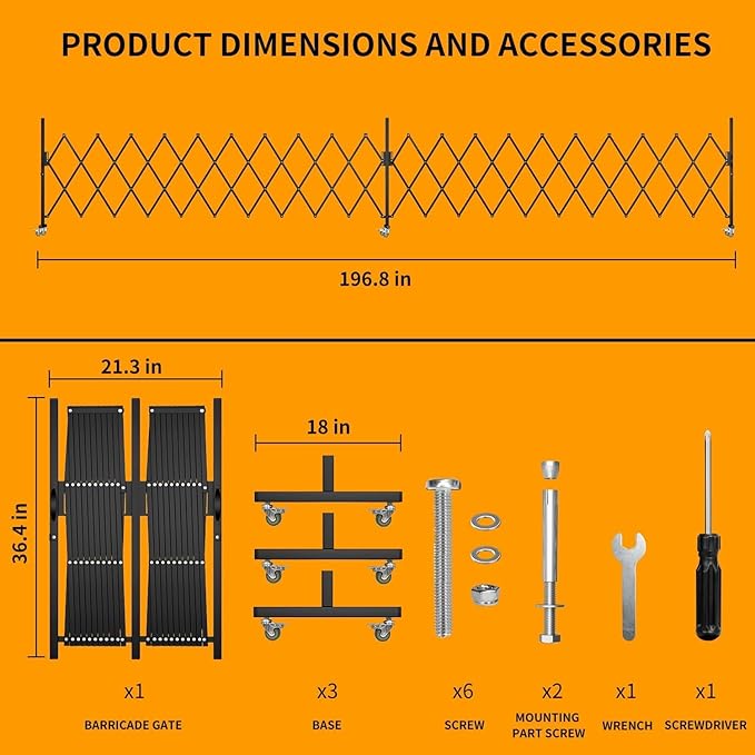 Expandable Barricade Gate,200" Metal Safety Barrier Gate with Casters,Accordion Garden Yard Outdoor Indoor Fence Folding Security Dog Gates Wall Mount,Black