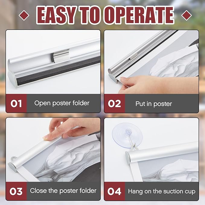 Moxweyeni 2 Set Window Sign Holder with Suction Cups 24 Inch Aluminum Snap Open Poster Frame Glass Window Wall Mount Sign Holder for Mall, Office, Home, Store, Restaurant