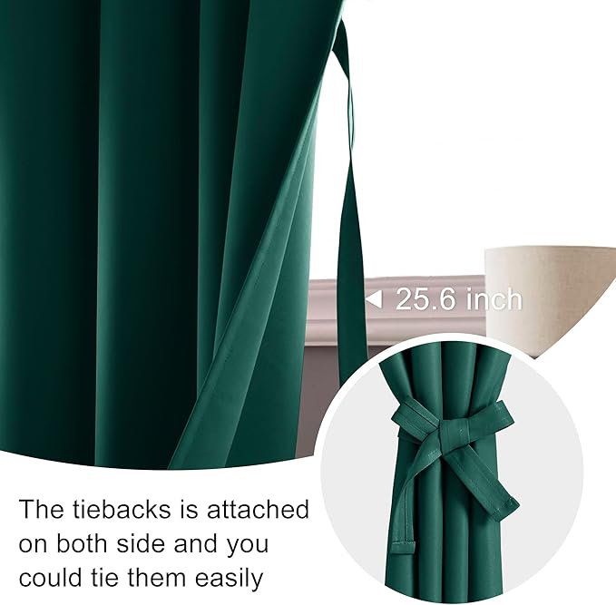 JIUZHEN Christmas Blackout Curtains for Bedroom - Thermal Insulated Room Darkening Rod Pocket Curtains for Living Room, Set of 2 Panels with Tiebacks, 60 x 84 Inch Length, Forest Green