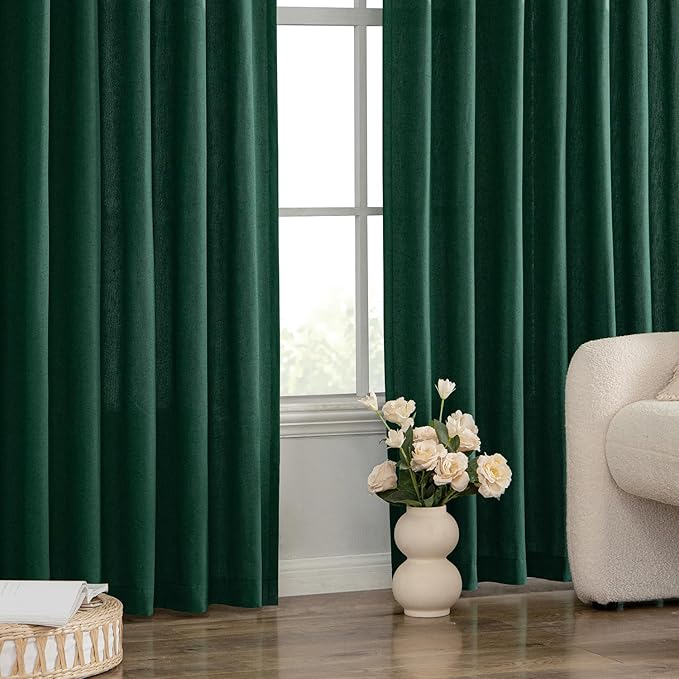 MIULEE Non-See-Through Privacy Linen Curtains 2 Panels, Christmas Emerald Green Light Filtering Window Curtains Textured Back Tab Semi Sheer Drapes for Bedroom Living Room, 52 x 90 Inches Long