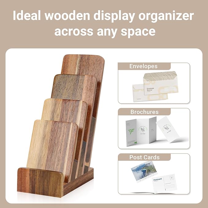 2 Pack Acacia Wood 4 Inch Wide pamphlet holder stand 4-Tier Flyer Display Stand 4×6 Inch Postcard Greeting Card Countertop Trifold Literature Holder Booklet Menu Organizer For Office Home