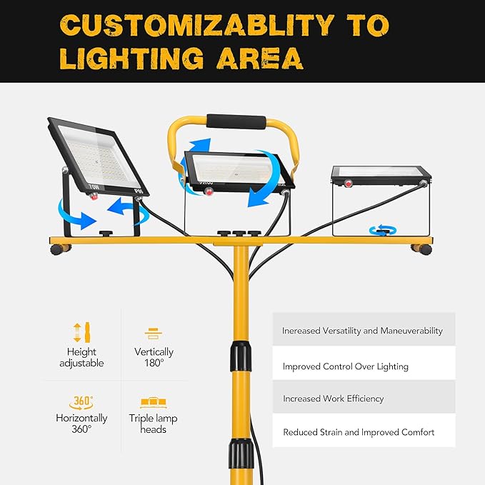 21000Lumen LED Work Lights with Stand, 3 Head Portable Work Light with 16ft Cord, Ip66 Waterproof Tripod Outdoor Work Light for Job Site Workshop Garage Construction Lights