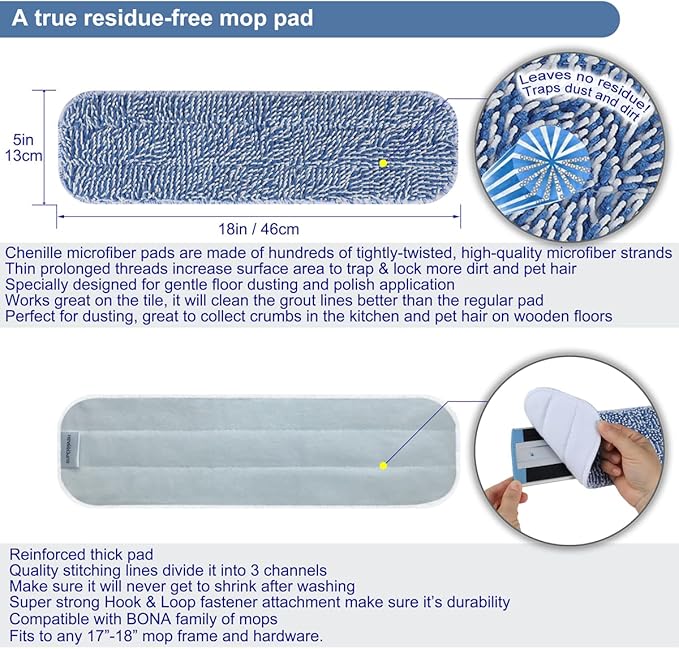 Replacement Microfiber Floor Cleaning Pads - 18''x5'' Dust Mop Refill Sweeping Pad Compatible with Bona Mop, Fits 17” to 18” Flat Mop - 4 Pack