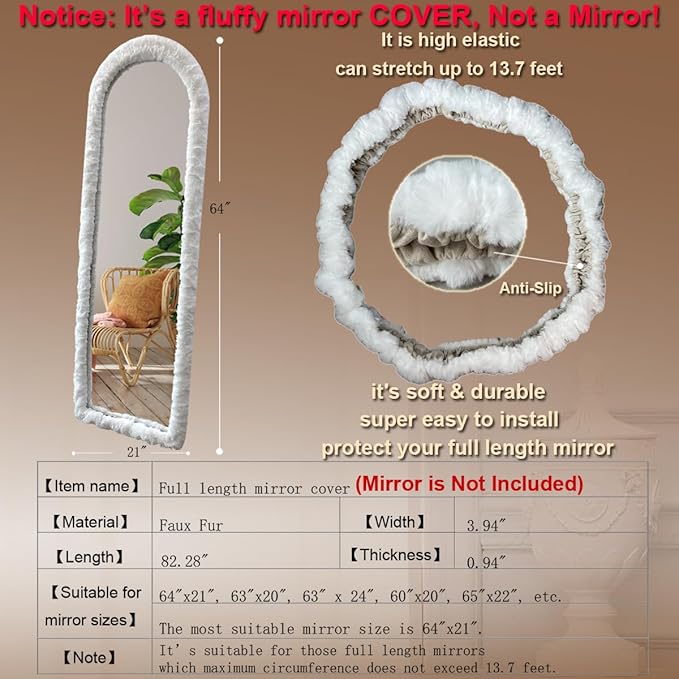 Fluffy Mirror Cover - 64"x21" Full Length Stretch Universal Ultra Soft Non-Slip Cover Warm Home Decor for Bedroom Cloakroom, Gift for Girls
