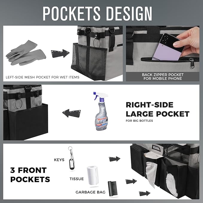 Wearable Cleaning Caddy Bag, Cleaning Caddy Supplies Organizer with Handle & Shoulder Straps for Housekeepers, Under Sink & Car Cleaning Tool Organizers with 4 Foldable Divider (Grey)