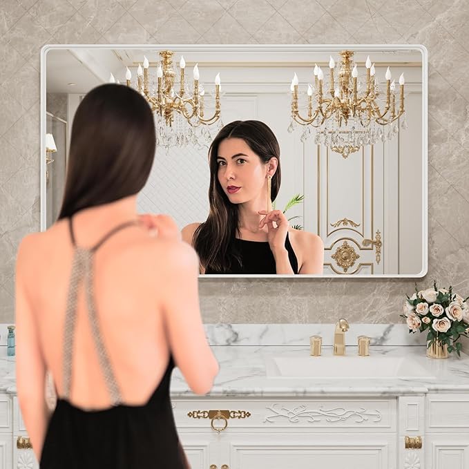 LOAAO 55x36 Inch White Metal Framed Bathroom Mirror for Wall, White Bathroom Vanity Mirror Farmhouse, Large Rounded Rectangle Mirror, Anti-Rust, Tempered Glass, Hangs Horizontally or Vertically