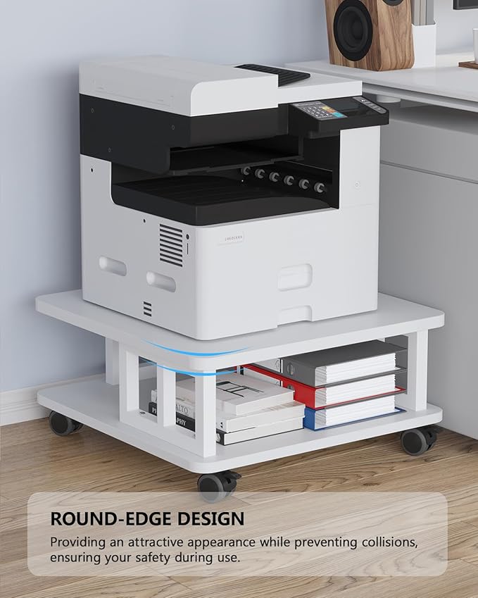 Mobile Printer Stand, 2-Tier Large Printer Shelf for Laser 3D Printer Office Machine with Storage, 23.6"x23.6" Wood Printer Cart Under Desk Rack with Wheels for Office Home Kitchen (White)