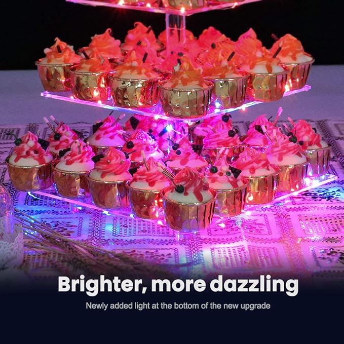 Cupcake Stand – Premium Holder Acrylic Tower Display Cady Bar Party Décor 4 Tier for Pastry + LED Light String Ideal Weddings, Birthday(Colorful light)