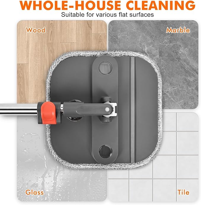 Upgraded Spin Mop and Bucket System Set, Self Separate Clean and Dirty Water, Foldable Square Standing Mop Head with Microfiber Mop Pads, Detachable Bucket (Grey+Orange, Mop Set with 6PC Pads)
