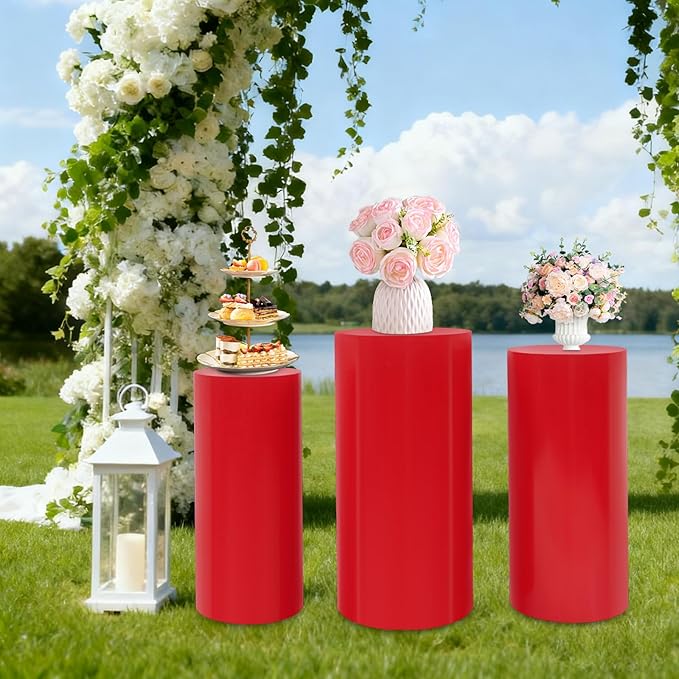 Cake Pedestal Stands for Party 3PCS Dessert Table Display Plinth Pillars Red Round Cylinder Pedestal Stands for Wedding Sculpture Display Column Decoration Cube (3PCS-Cylinder-Red)