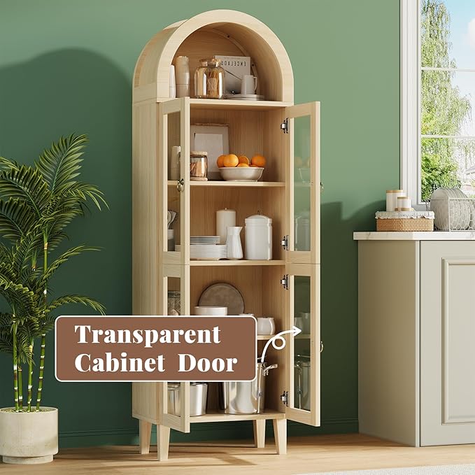 71” Tall Arched Pantry Cabinet with Glass Door, Display Cabinet Organizer, Versatile Pantry with Top-Opening Storage Container for Living, Kitchen Dining Room, Natural