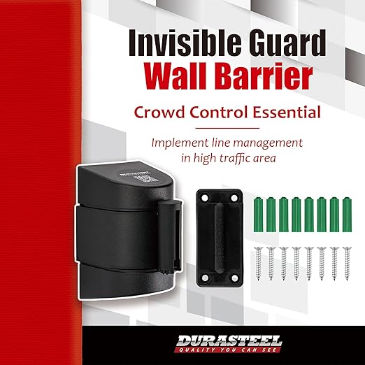 DuraSteel Wall Mount Retractable Belt Barrier - 6.5 Ft Red Safety Belt in Black Casing - Guardian 2.0 Indoor & Outdoor Do Not Cross Caution Tape for Crowd Control Queue Barrier, Line Divider, 10 Pcs
