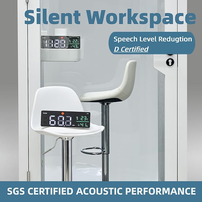 Mobile Office Pod Booth, Solo Soundproof Pod Acoustic Panels, Sound Pod Silent Ventilation, Wheels and Feet, Built-in Table, LED Lighting System, USB Ports White/Smoked Glass