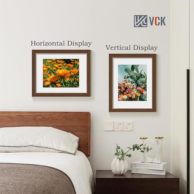 VCK 11x14 Picture Frame 5 Pack - Brown, High-End Wood Poster Frames with Tempered Glass, Display 8x10 Photo with Mat or 11x14 without Mat, Art Gallery-Quality, Wall Hanging, Brown
