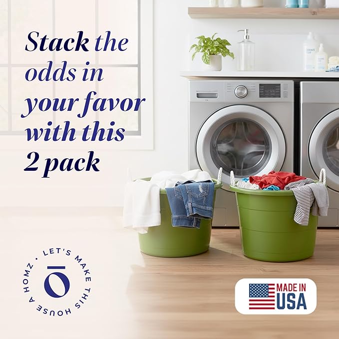 HOMZ 2-Pack Utility Tub, Large Plastic Storage Bucket with Rope Handles, 17 Gallon, Green - Portable Indoor and Outdoor Buckets for Kitchen, Laundry, Garden, Bathroom, and Garage Organization