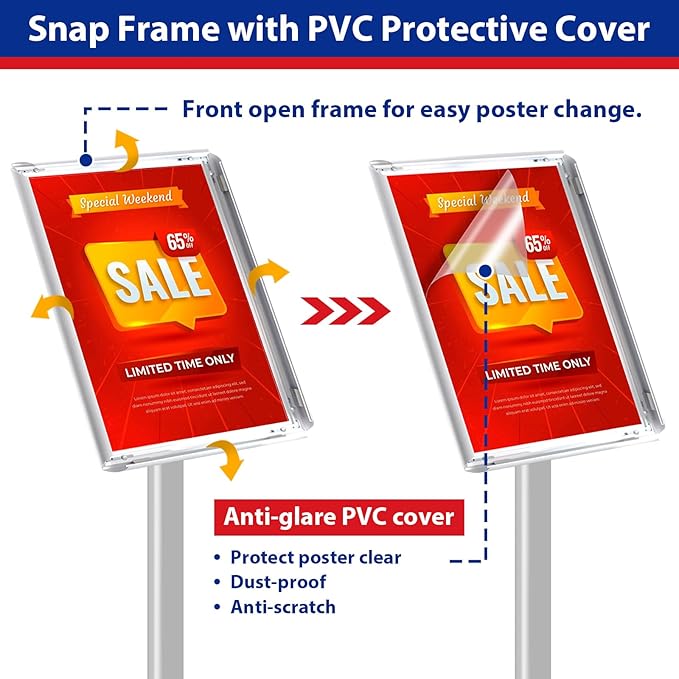 Pedestal Sign holder Stand 8.5x11inch Adjustable Standing Floor Sign Stand with Heavy Base & Snap Frame Display Stand for Indoor Outdoor Business Store Sign Holder Poster Stand (Silver)