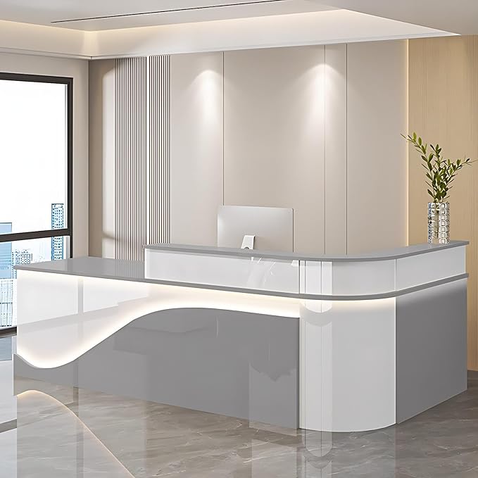 Modern Reception Desk – Front Desk, Reception Counter for Office, Checkout Counter, LED Lighting, Storage, Soft Close Drawers, Custom Logo, Fully Assembled (G,68IN)