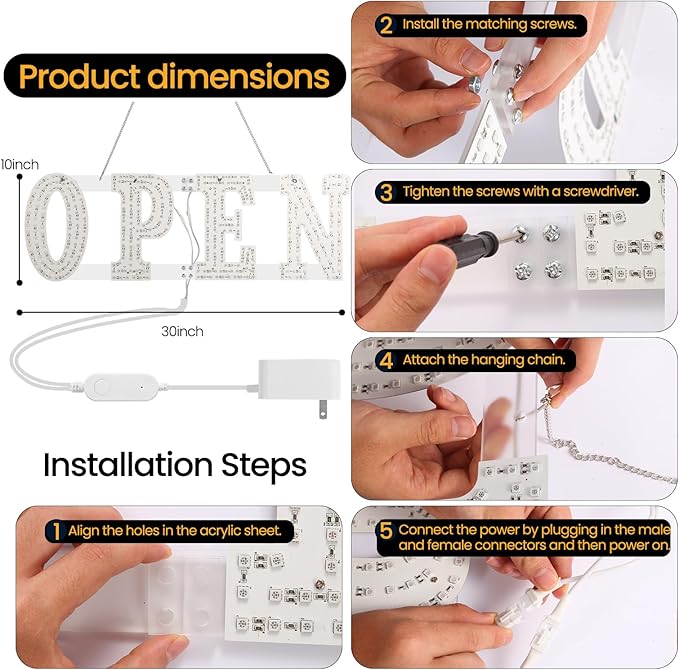 LED Open Signs for Business 30"x10" Dimmable 7 Color Bright Business Open Sign with Hanging Installation for Window Stores, Hotel, Store, Bar, Retail Shop, Salon, Restaurant