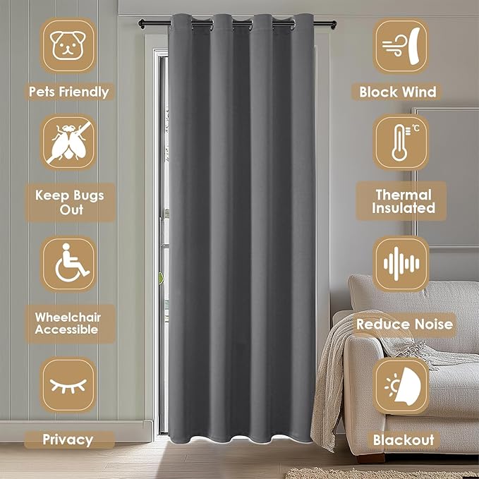 ChrisDowa Blackout Curtains 80 Inches Long for Doorways and Closets, Thermal Insulated Temporary Room Dividers (1 Panel, Grey, 52 x 80 Inch)