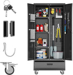 Aobabo Metal Broom Closet Storage Cabinets on Wheels,Steel Mop and Broom Cabinet with Adjustable Shelves and Drawer,Assembly Required,Black