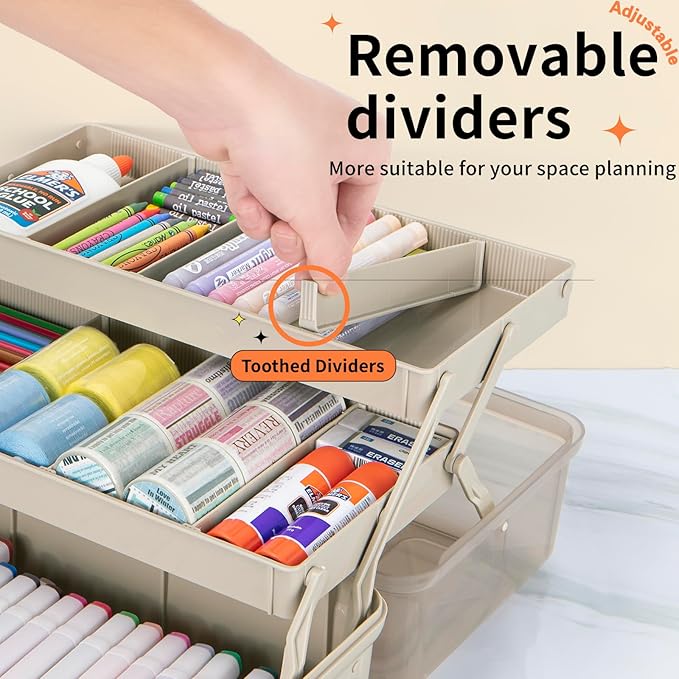 12.5in 3-Layer Multipurpose Craft Organizers and Storage with Adjustable Dividers, Portable Tackle Box, Folding Art & Craft Case for Medicine, Tool, Sewing Organizer (Brown)