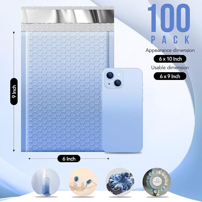 Fuxury Bubble Mailers 6x10" 100 Pack, Gradient Blue Padded Envelopes Usable Size 6x9" Self Seal Mailing Envelopes Bubble Padded Shipping Bags for Mailing,Packaging, Small Business