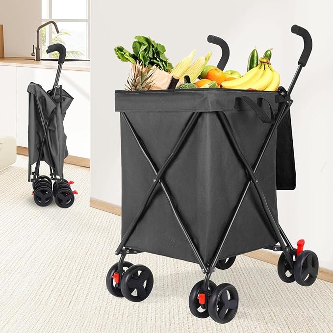 27 Gal/180 LBS Capacity Shopping Cart, Upgrade Huge Grocery Cart on Wheels,Heavy Duty Foldable Utility 360° Rolling Swivel Wheels for Shopping Picnic Groceries Laundry (Black)