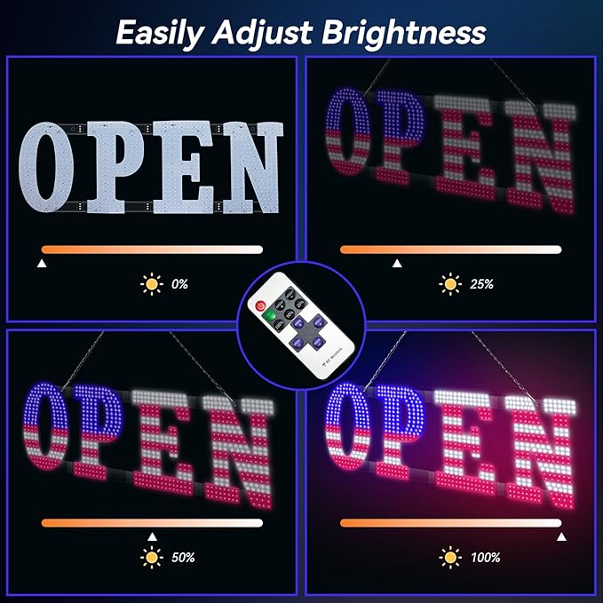 40" x 14" American Flag LED OPEN Sign with Remote Control, Dimmable Brightness, Flash Modes & Speed, Easy Hang Plug-in Storefront Window Sign for Shop, Bar, Salon