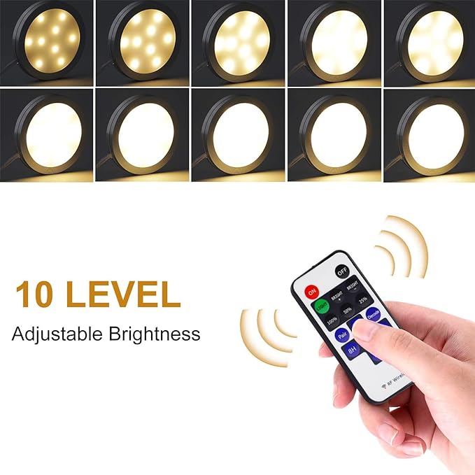 AIBOO Linkable LED Under Cabinet Lights 12V Slim Aluminum Dimmable Puck Lights with RF Remote Control & ETL Listed Power Adapter for Accent Display Lighting (4 Lights, Warm White)