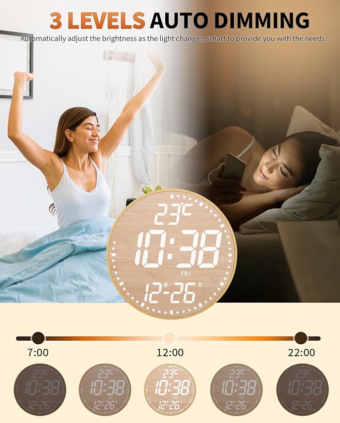 12" Large Digital Wall Mount Clock, Count Down Timer, Alarm, Big LED, 12 RGB Color, Temperature for Living Room Classroom Desk (Bamboo Elements)