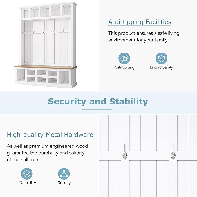 Merax Wood Farmhouse Hall Tree with Storage Entryway Bench, 3-in-1 Coat Racks with 6 Hooks &Shelves for Entrance, Hallway, Mudroom,White