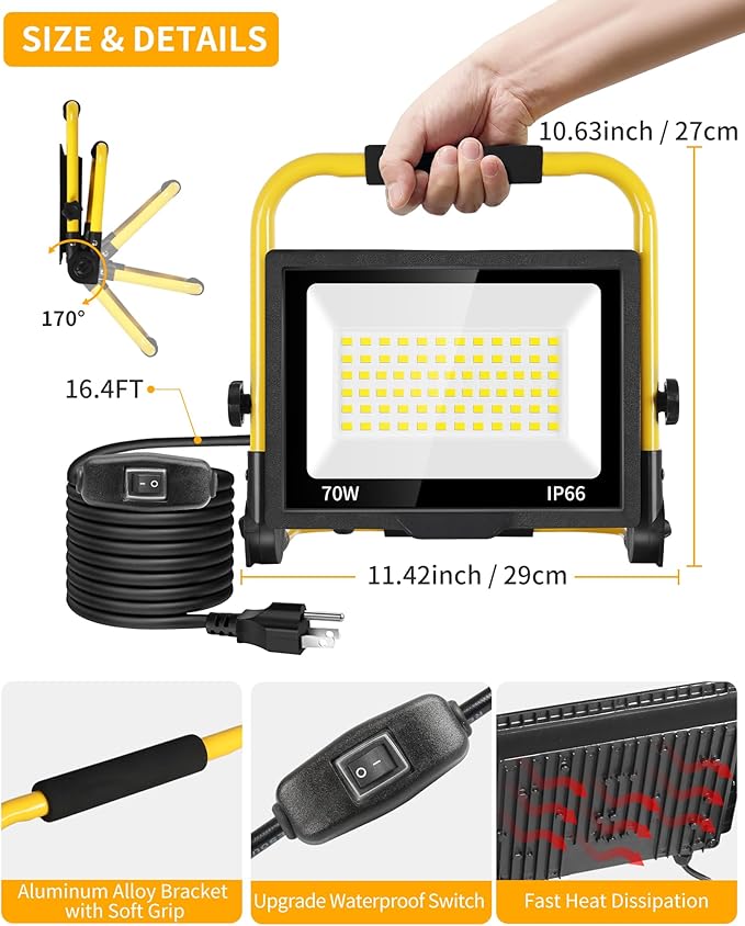 8400LM LED Work Light with 16FT Cord & Switch, 70W Outdoor Flood Light, IP66 Waterproof Portable Job Site Lighting with Stand, 5000K Dayight Worklight for Construction Garage Workshop Car Repairing