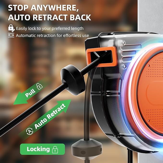 80FT Retractable Extension Cord Reel, 14 AWG/3C SJTOW Heavy Duty Power Cord with Lighted Triple Outlet, 13A Circuit Breaker, 180° Swivel Wall/Ceiling Mount Retractable Cord Reel, ETL Listed, Orange