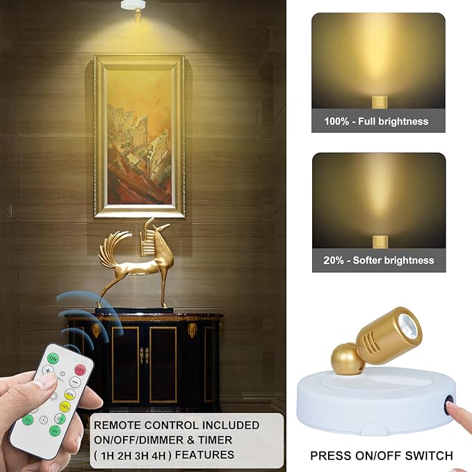 LED Spotlight Indoor, Battery Operated Spotlights with Remote, Up Lights for Plants, Dimmable Tree Spotlight, Picture Lights for Wall Art Display Dartboard Painting Artwork Accent Frames