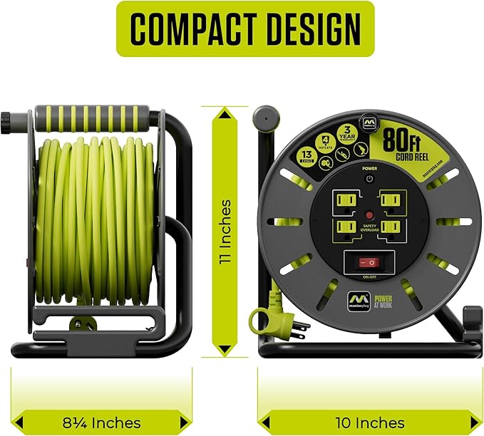 Masterplug 80ft Cord Reel, Retractable Extension Lead with Winding Handle, Safety Overload Circuit Breaker and Power Switch, 4X Grounded Outlets, 13amps, 14AWG Cable