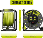 Masterplug 80ft Cord Reel, Retractable Extension Lead with Winding Handle, Safety Overload Circuit Breaker and Power Switch, 4X Grounded Outlets, 13amps, 14AWG Cable