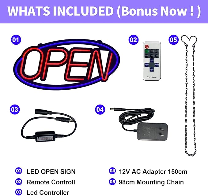 32'' X 15'' ASBAVA Super Bright LED Open Sign Remote Controlled — Dynamic Light Modes Neon Large Open Sign for business - Get Your Business Seen Day or Night (RED and BLUE)