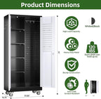 Broom Closet Storage Cabinet with Wheels and Pegboard,Metal Garage Storage Cabinet with Doors and Adjustable Shelves for Garage Home Office,Required Assembly,Black and White
