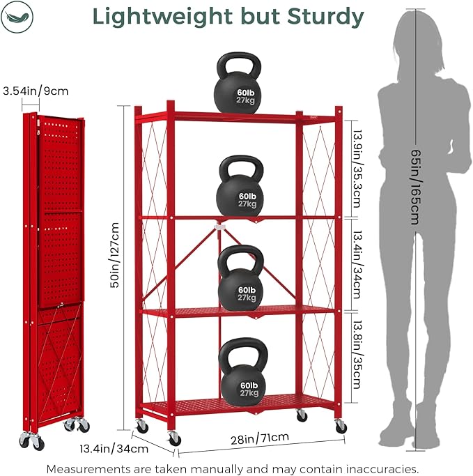 DEANIC 4 Tier Foldable Storage Shelves with Wheels, Large Capacity Shelving Unit, Freestanding Metal Wire Shelf Rack, No Assembly Organizer Rack for Garage Kitchen, Basement(Red)