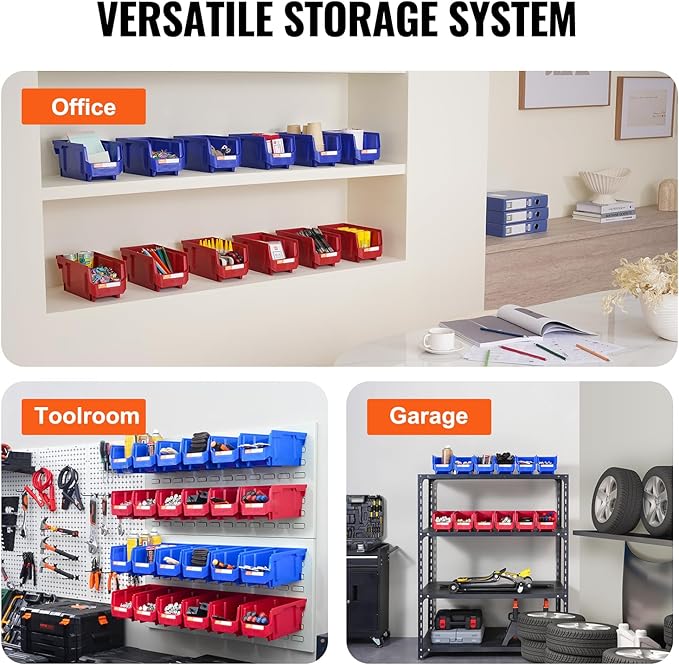 VEVOR Plastic Stackable Storage Bins 12 Pack (11 x 5 x 5-Inch), Hanging Storage Organizer Bins, Heavy Duty Stacking Containers for Closet, Garage, Office, Home, Pantry or Small Parts Organization