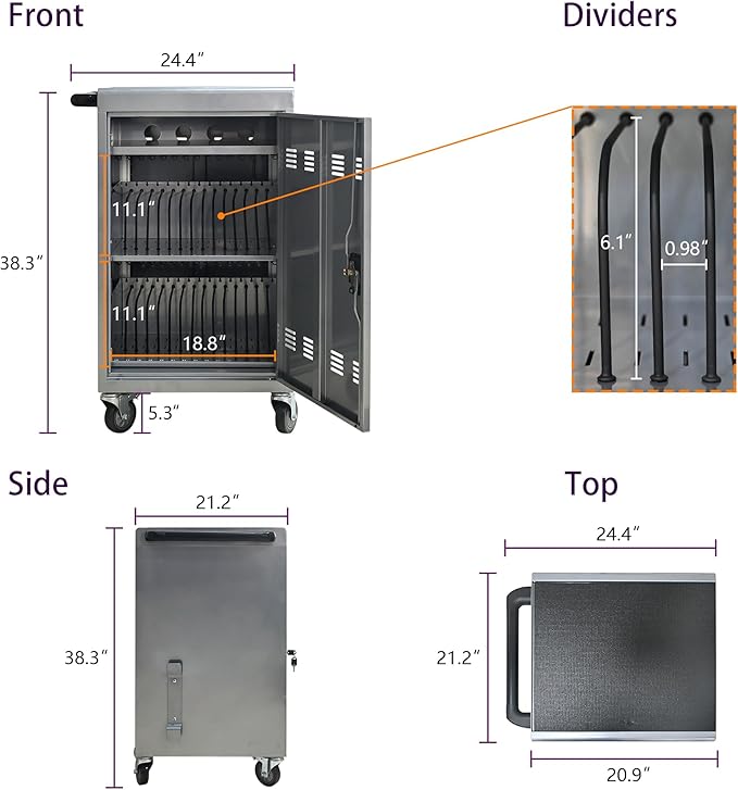 Laptop and Tablet Charging Cart, 32 Unit Device Mobile Charging Station for Chromebook, Tablet, Laptop, with Charging Port Screen Size Up to 16.3", Suitable for Office, Classroom, etc (Silver)