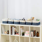 Storage Basket for Organizing - 12x8x5.2 inch Small 6 Pack Fabric Storage Bin Collapsible Baskets for Shelves with Rope, Storage Box for Cloth Decorative Laundry Canvas(White & Blue)