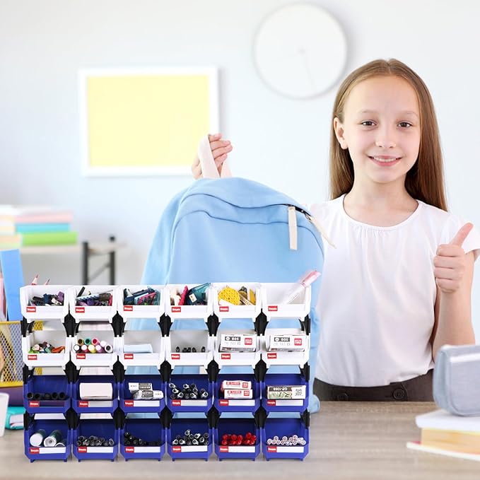 Stackable Storage Bins 24 Pack (5x4x3 Inch), Plastic Stackable Storage Organizer Bins Wall Mounted Hanging Small Parts Bin for Garage, Workbench & Office (Blue & Red)