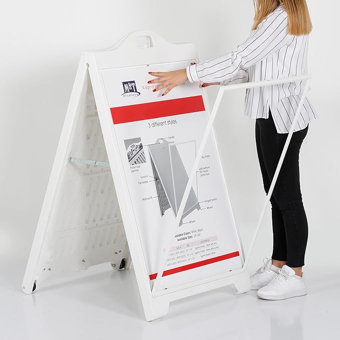 M&T Displays Street SignPro without Lens Protective Cover, 24x36 Inch Poster White Double Sided Sandwich Board Folding A-Frame Sidewalk Curb Sign Portable Advertising Display for Restaurant Cafe