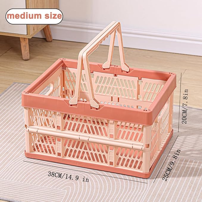 Collapsible Storage Crate with Handles, 20L Foldable Plastic Basket, Organizer Container (Light pink, M)