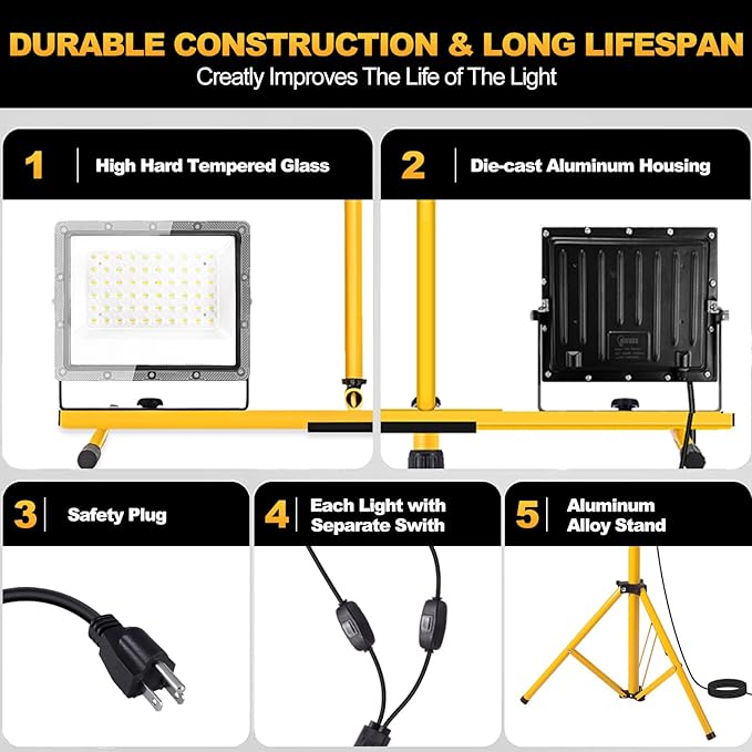 21000 Lumen LED Work Light with Stand, 2-Head Adjustable Lights with 16.5FT Extended Cord, IP65 Waterproof Work Lamp for Indoor & Outdoor Job Sites, Workshops, Construction, Garage Lighting