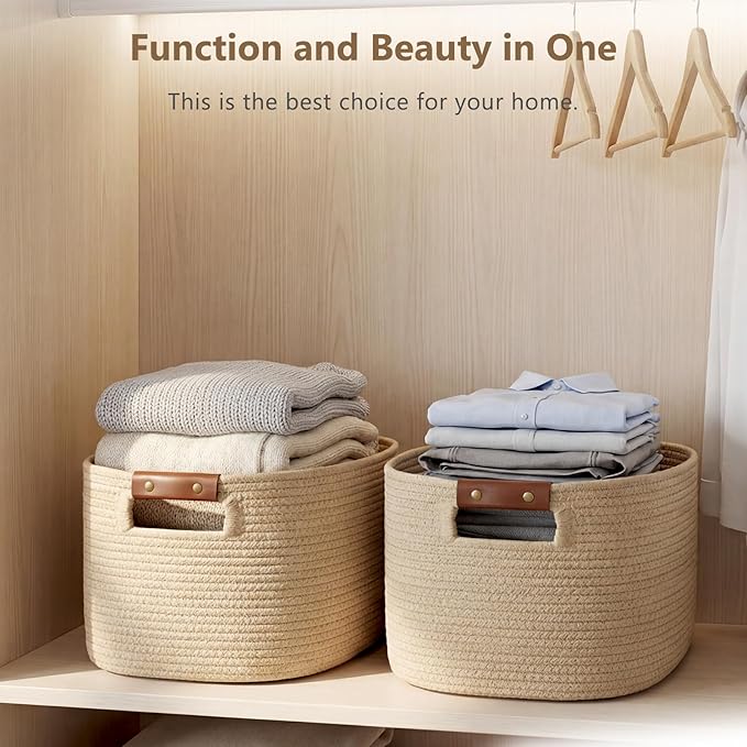 Cotton Rope Basket, Storage Baskets with Handle, 15x10x9 Inch Woven Basket for Shelves, Laundry, Towels, Clothes, Books (Jute/Brown 1Pack)
