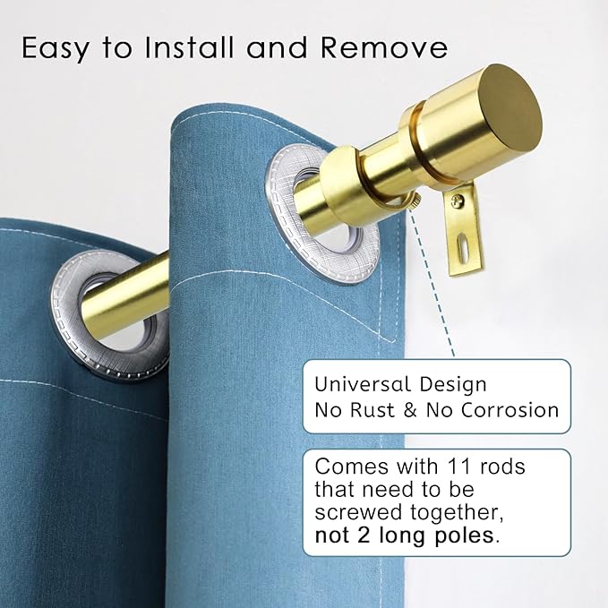 Curtain Rods for Windows 16 to 170 Inches Adjustable Length 1 Inch Diameter Window Curtain Rod with Aluminium Finials, Gold