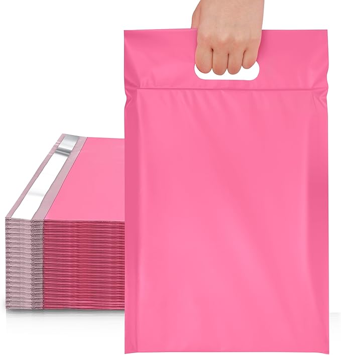 JinRuiKJ Poly Mailers with Handle 12x15.5 Inch 50 Pcs, Self Sealing Shipping Bags for Clothing, Easy to Carry Packaging Bags for Small Business - Pure Pink